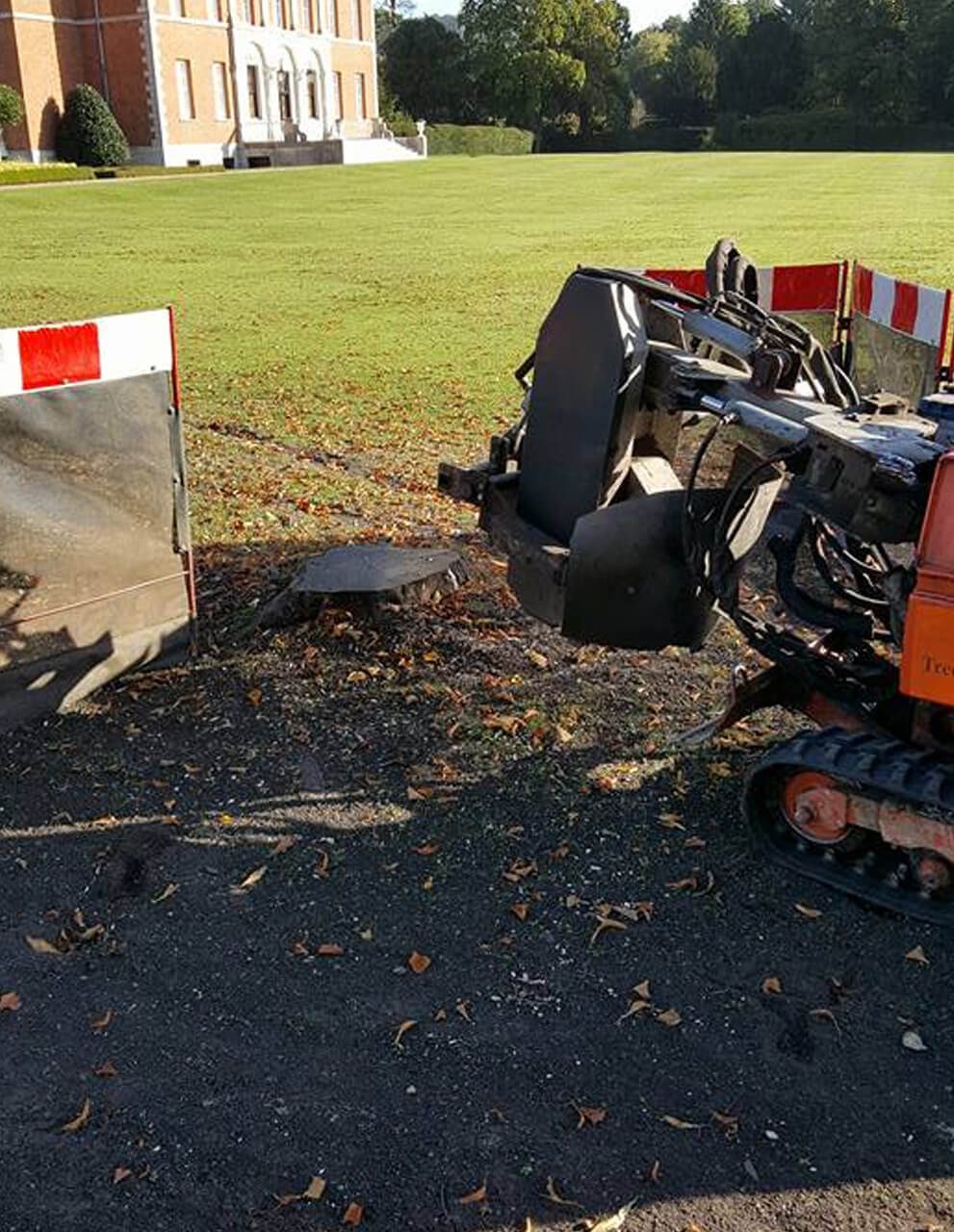 Grinding a stump out on the lawn in front of a large country house